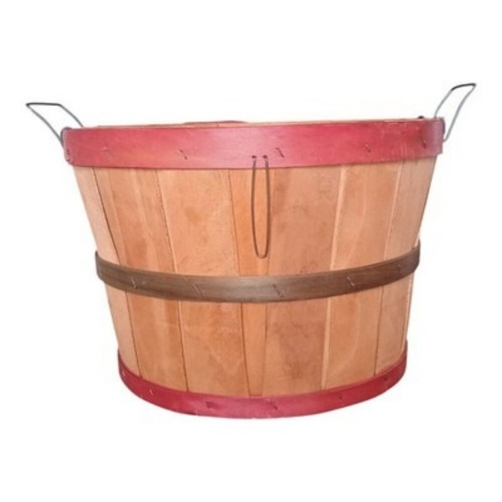 Vintage Orchard Bushel Basket Green Red Binding Light Wood Panels Metal Handles